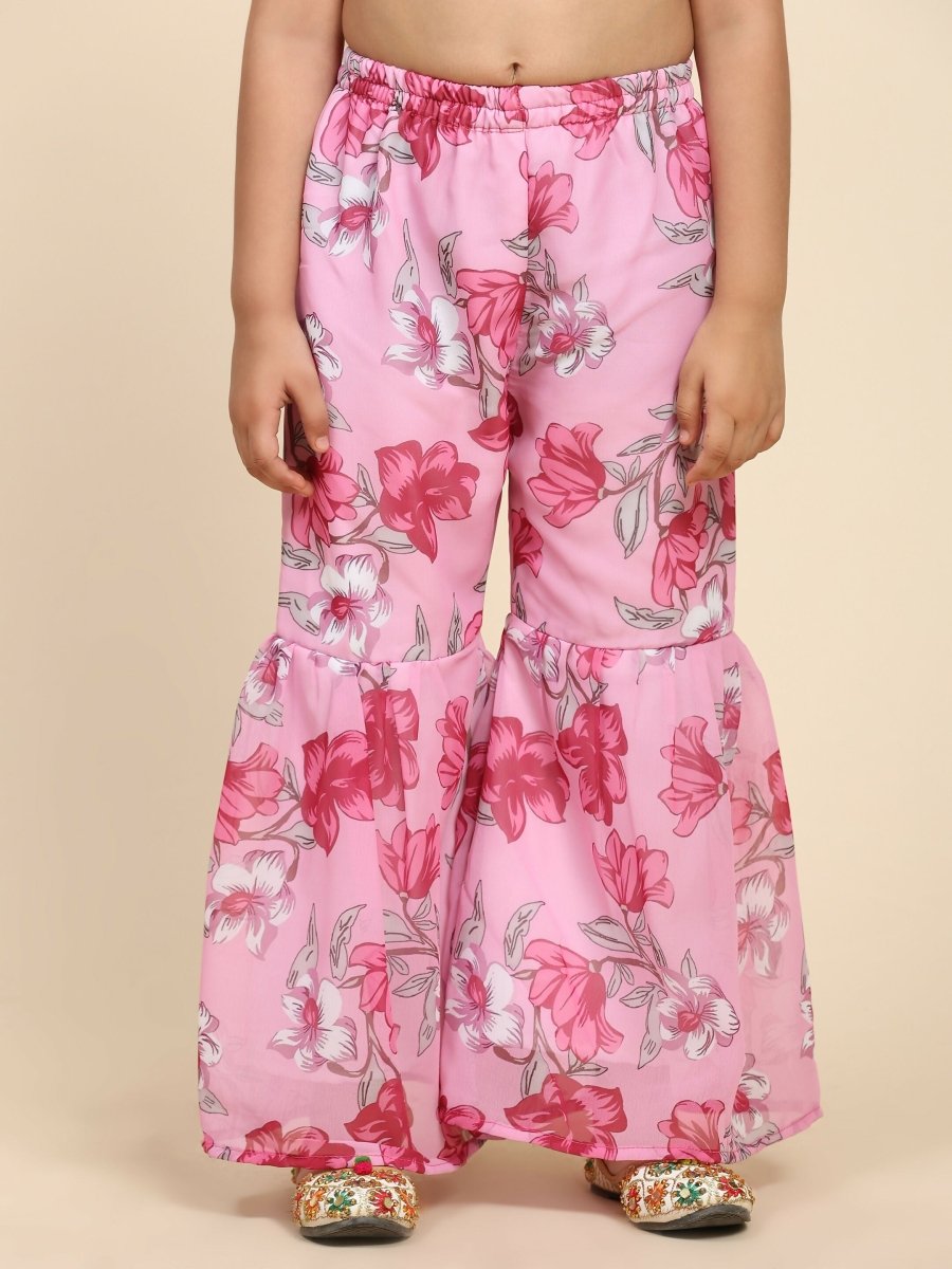 Alakhi Studio Girls Floral Georgette Printed V-Neck Kurta With Sharara - Pink | Grocsy