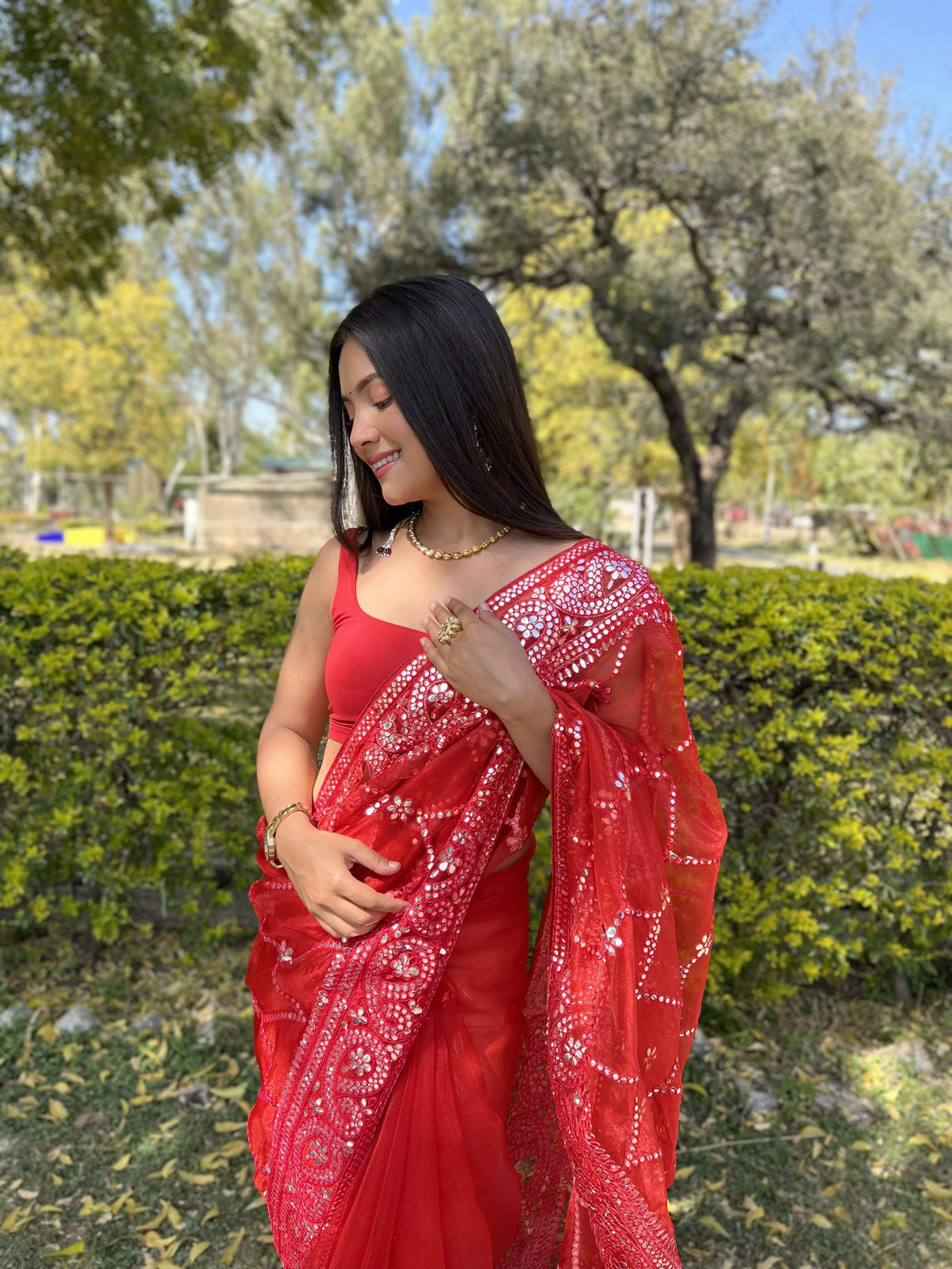 Vamsee Naina Red Organza Saree | Grocsy