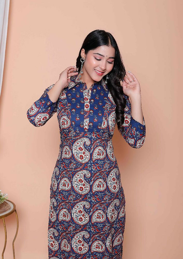 Miravan Womens Cotton Floral Printed Shirt-Collar Straight Kurta And Palazzo Set | Grocsy