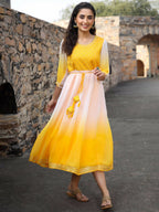 Juniper Women Yellow Georgette Embroidered Maxi Dress | Grocsy