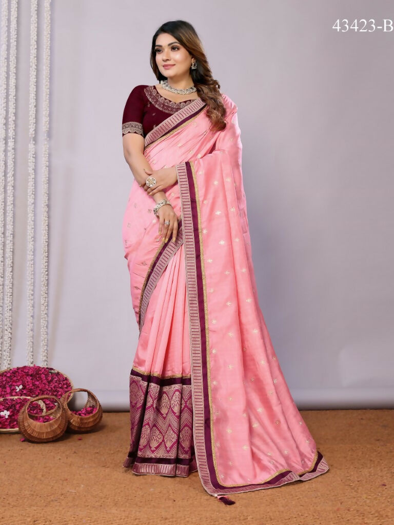 Pink Tusser Silk Zari And Sequins Embroidery Saree - Norita Saumya | Grocsy