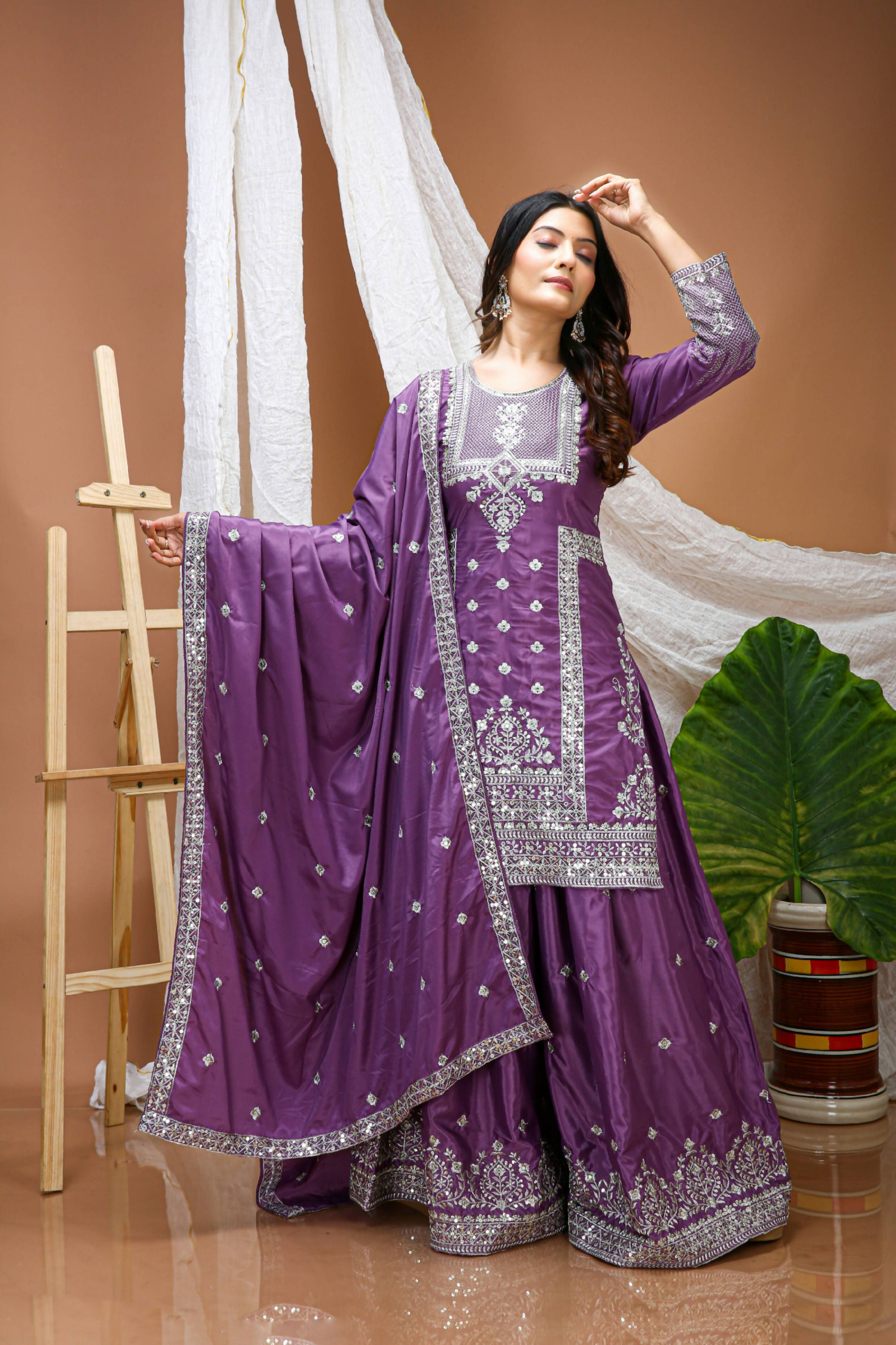 Lehenga Mart Designer Sharara Suit With Kurta, Sharara, Dupatta For Women-Lavender Violet | Grocsy