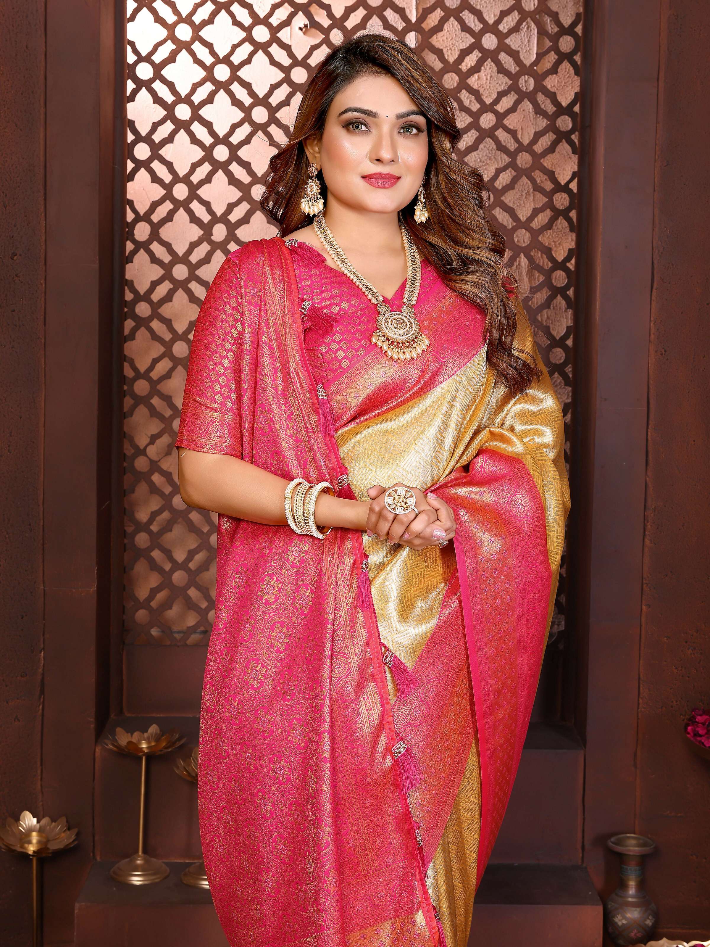 Aastha Fashion Cream Tissue Silk Woven Saree | Grocsy
