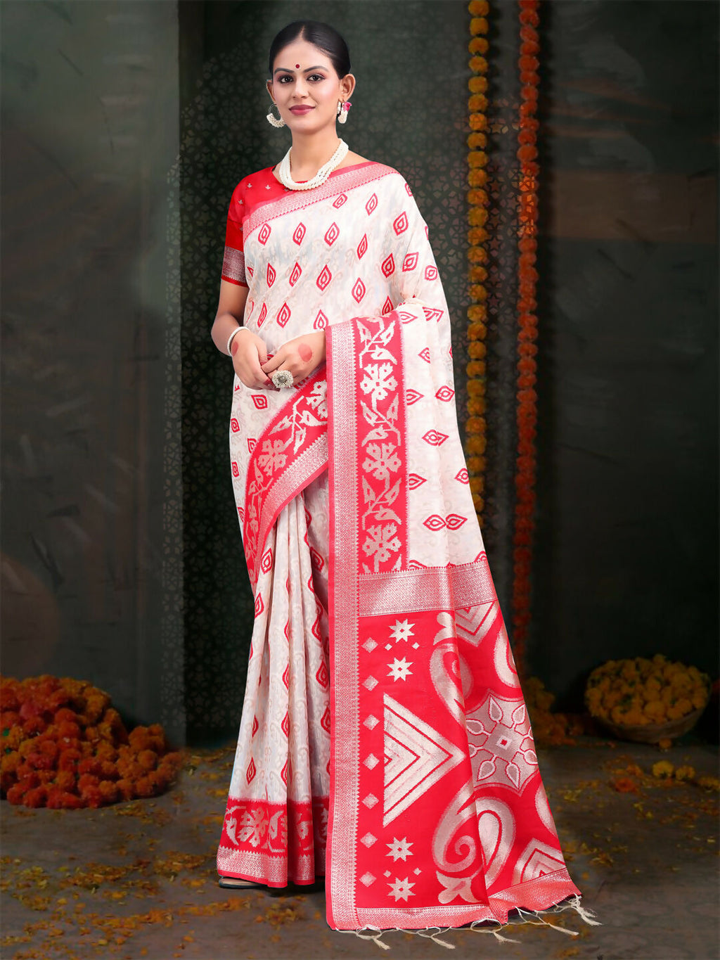 Shree Shyam Fashion Devistuti Red White Linen Cotton Saree | Grocsy