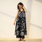 Pimu Women Floral Printed Pleated Pure Cotton Kurta with Palazzos-Black | Grocsy
