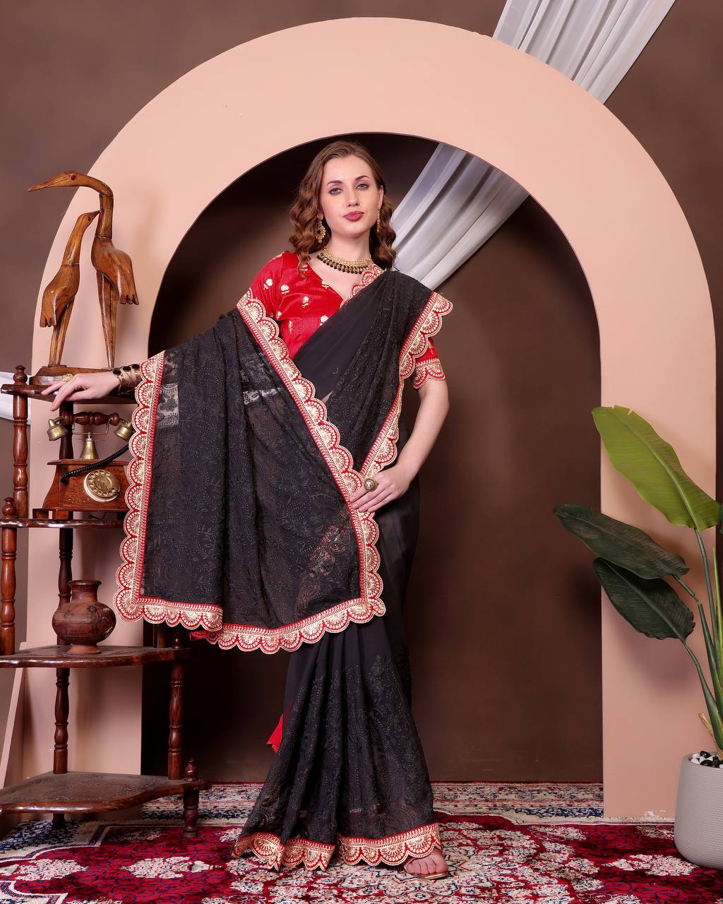 Teeya Creation Black Color Georgette Fabric Chikankari Work Saree | Grocsy