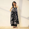 Pimu Women Floral Printed Pleated Pure Cotton Kurta with Palazzos-Black | Grocsy