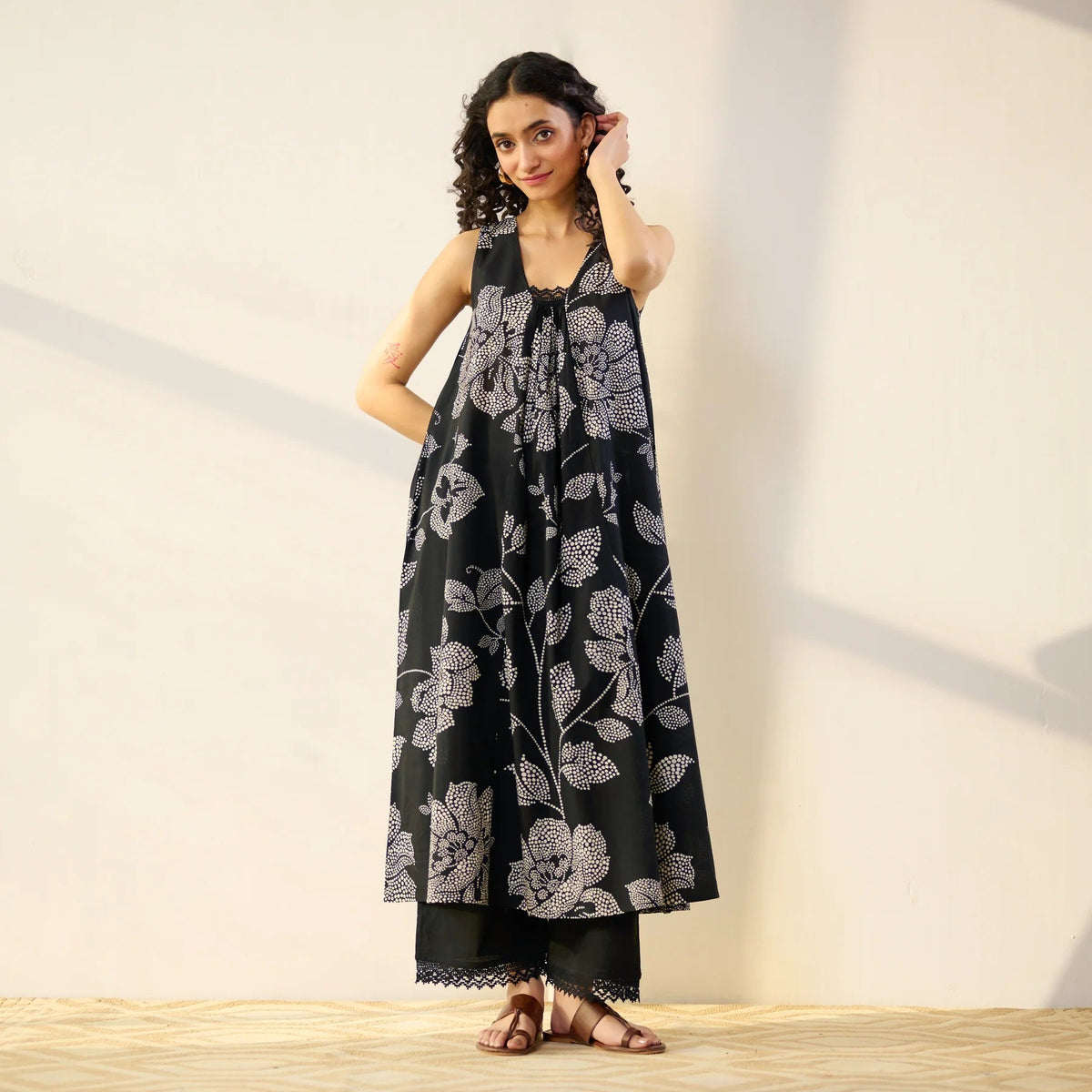 Pimu Women Floral Printed Pleated Pure Cotton Kurta with Palazzos-Black | Grocsy