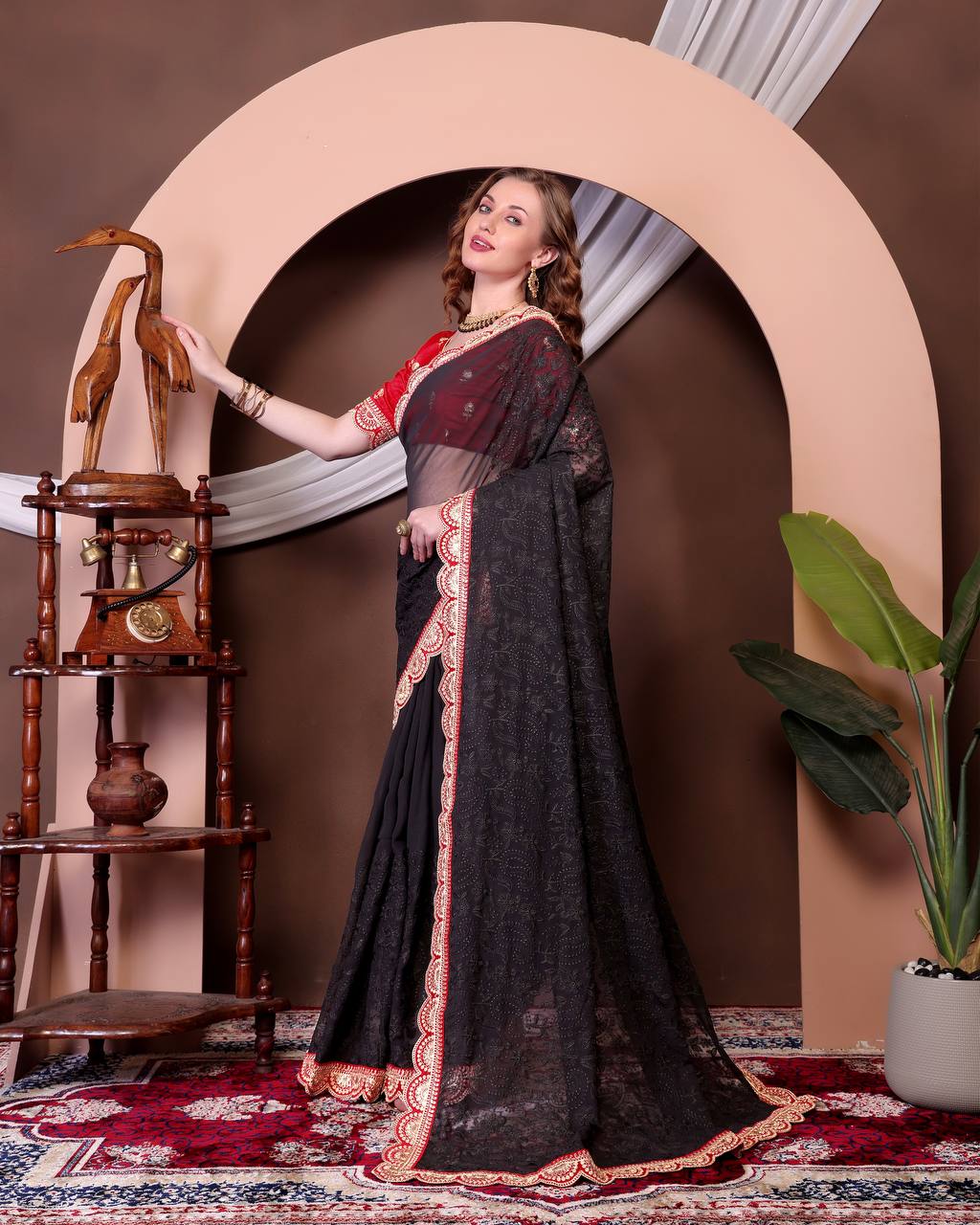 Teeya Creation Black Color Georgette Fabric Chikankari Work Saree | Grocsy