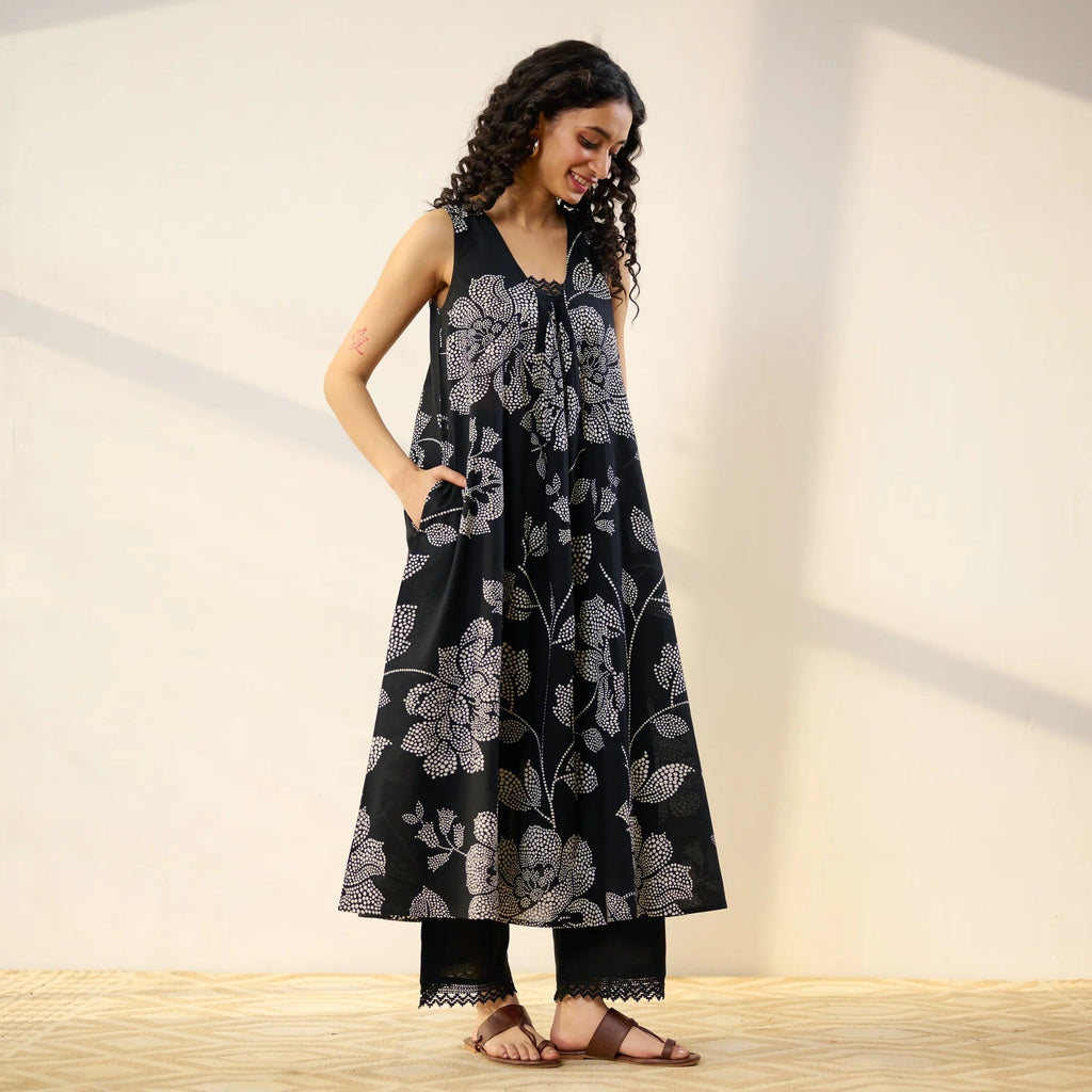 Pimu Women Floral Printed Pleated Pure Cotton Kurta with Palazzos-Black | Grocsy