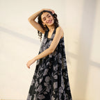 Pimu Women Floral Printed Pleated Pure Cotton Kurta with Palazzos-Black | Grocsy