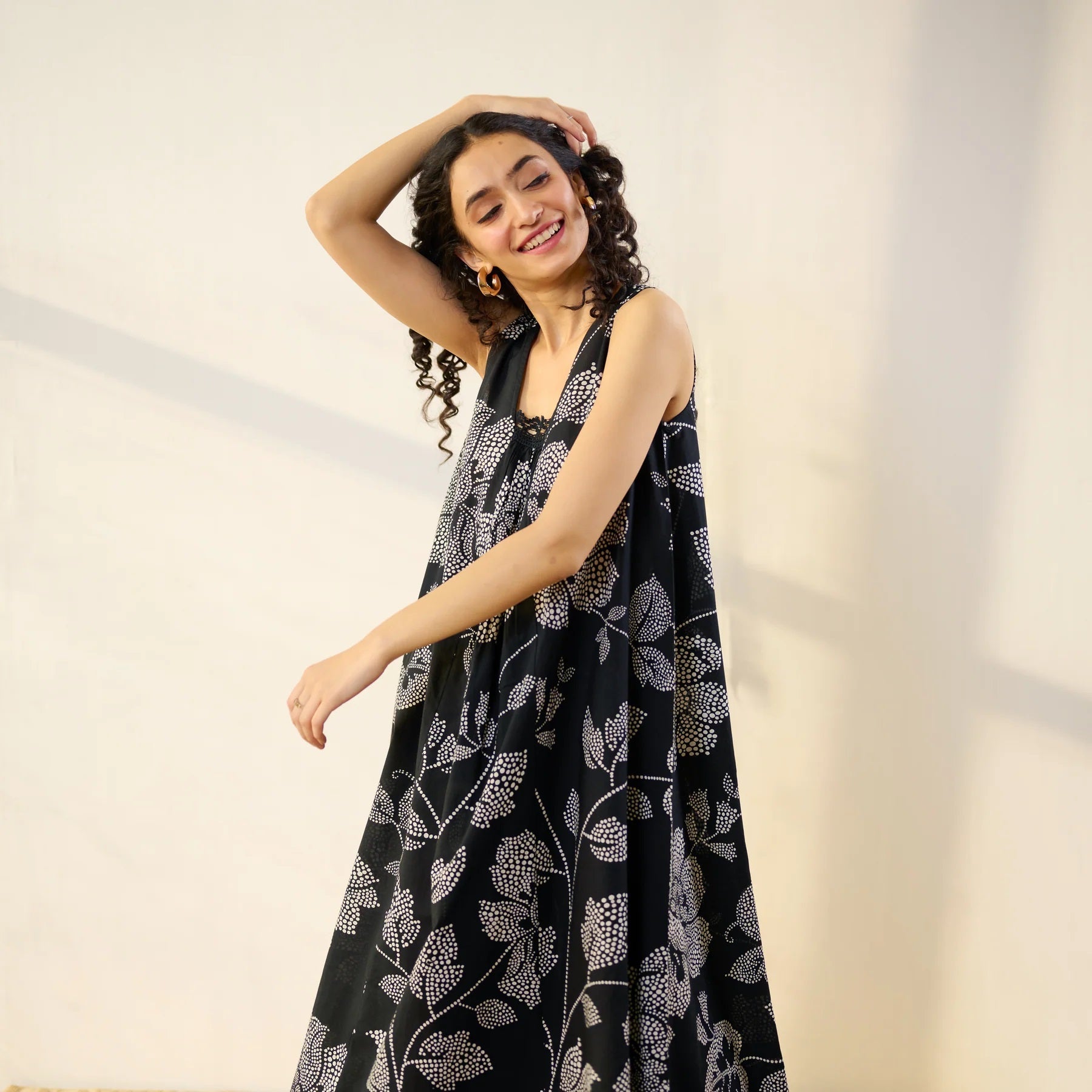 Pimu Women Floral Printed Pleated Pure Cotton Kurta with Palazzos-Black | Grocsy