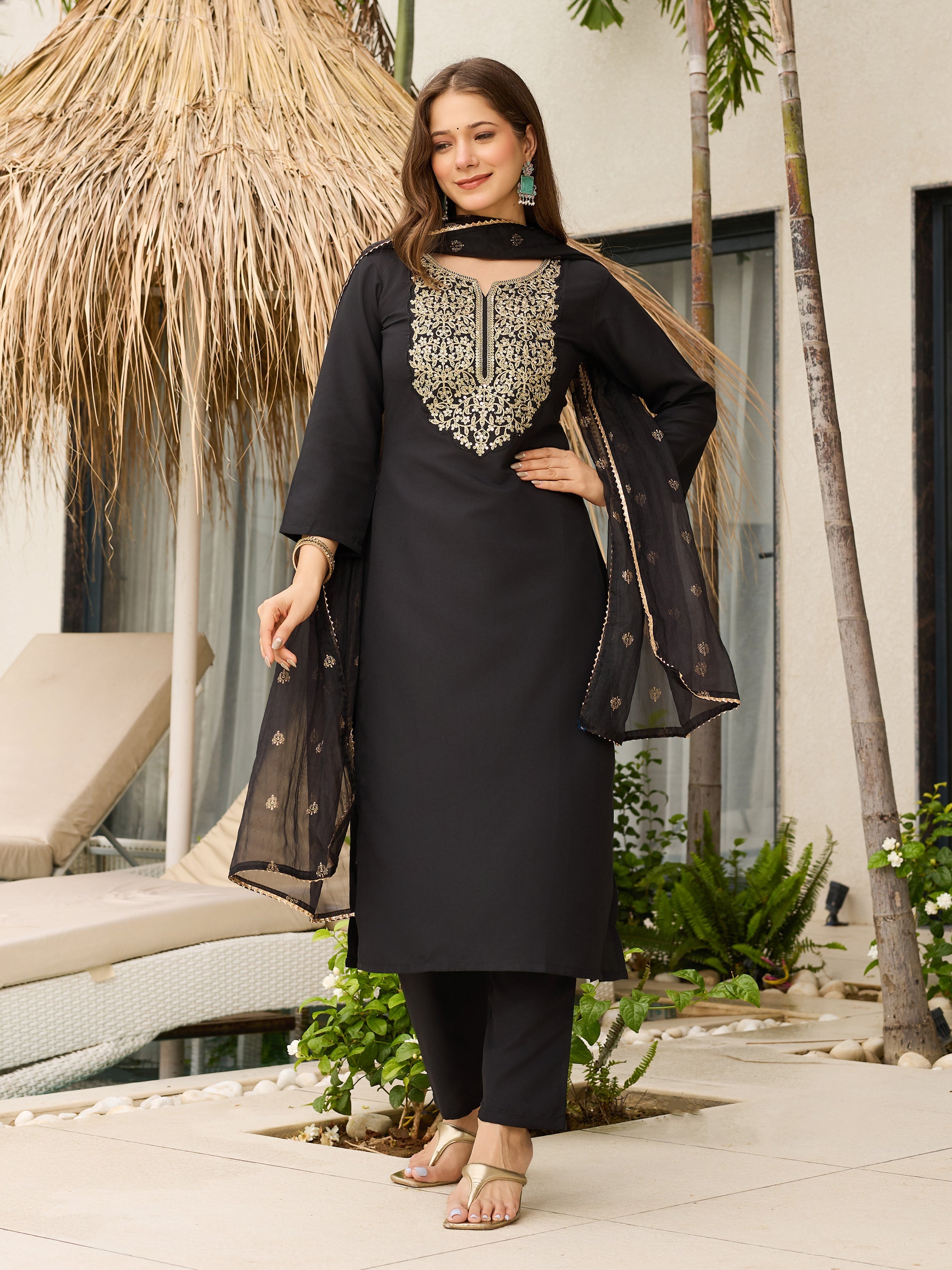 The52 Women Embroidery Work with Viscose Fabric Straight Kurta, Pant and Dupatta Set | Grocsy