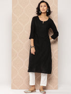 Yufta Black Embroidered Chikankari Cotton Kurta | Grocsy