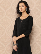 Yufta Black Embroidered Chikankari Cotton Kurta | Grocsy