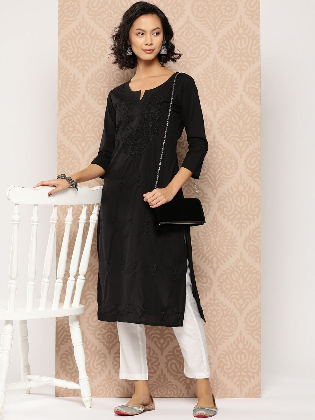 Yufta Black Embroidered Chikankari Cotton Kurta | Grocsy