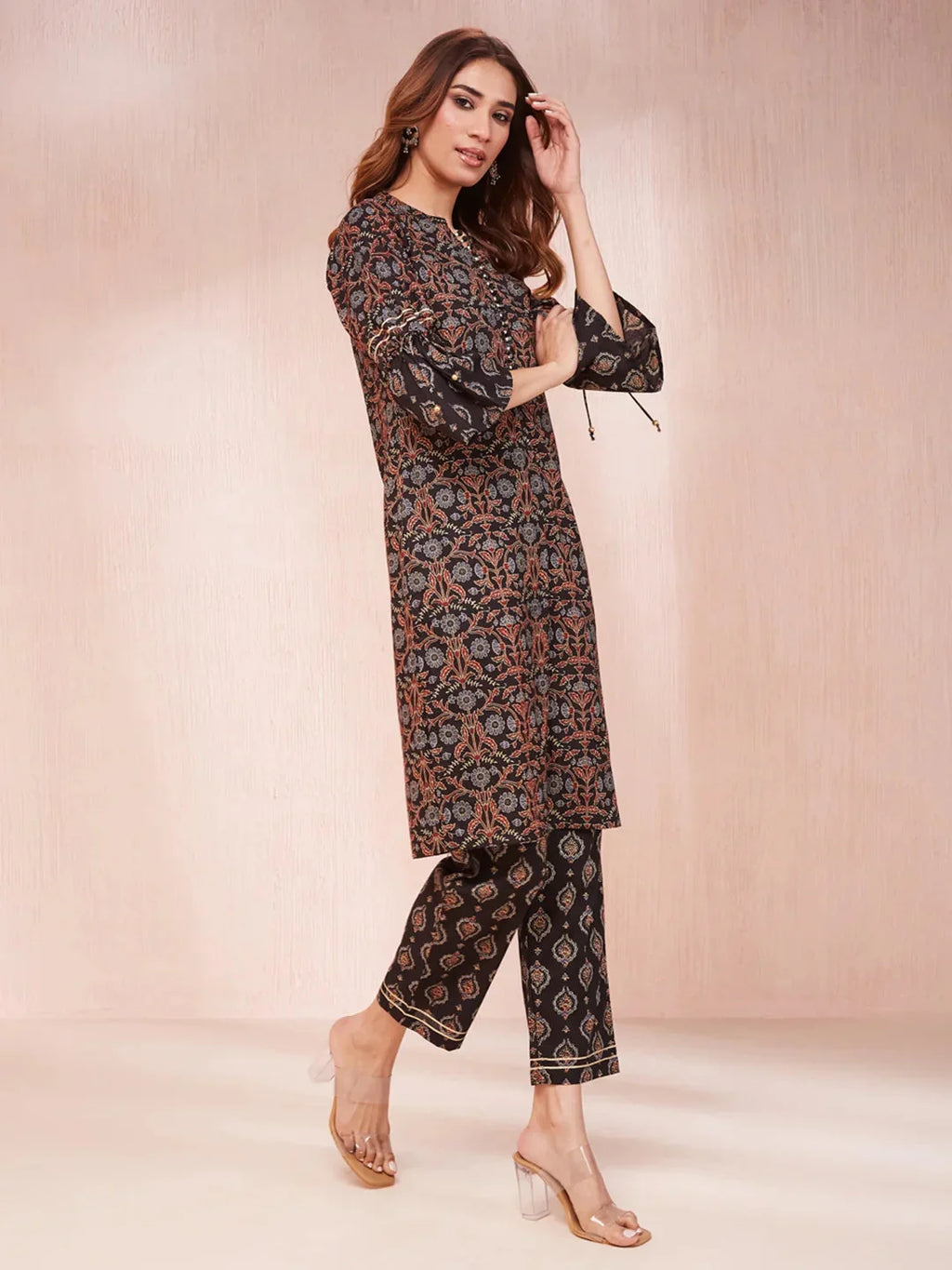 Yufta Black Ethnic Motifs Mandarin Collar Straight Kurta Trouser Set | Grocsy