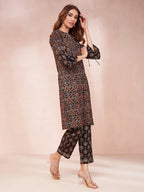Yufta Black Ethnic Motifs Mandarin Collar Straight Kurta Trouser Set | Grocsy