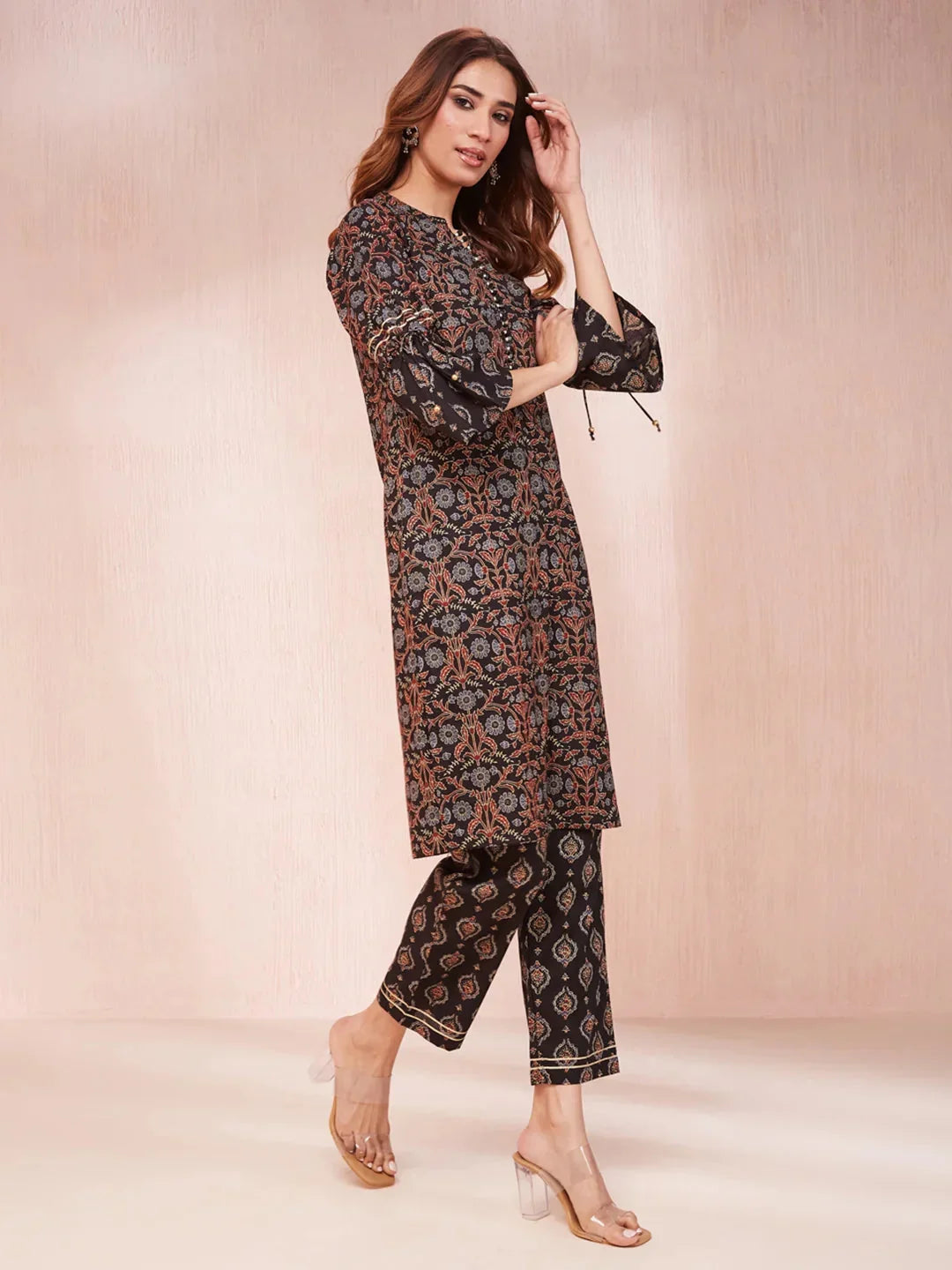 Yufta Black Ethnic Motifs Mandarin Collar Straight Kurta Trouser Set | Grocsy