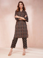 Yufta Black Ethnic Motifs Mandarin Collar Straight Kurta Trouser Set | Grocsy