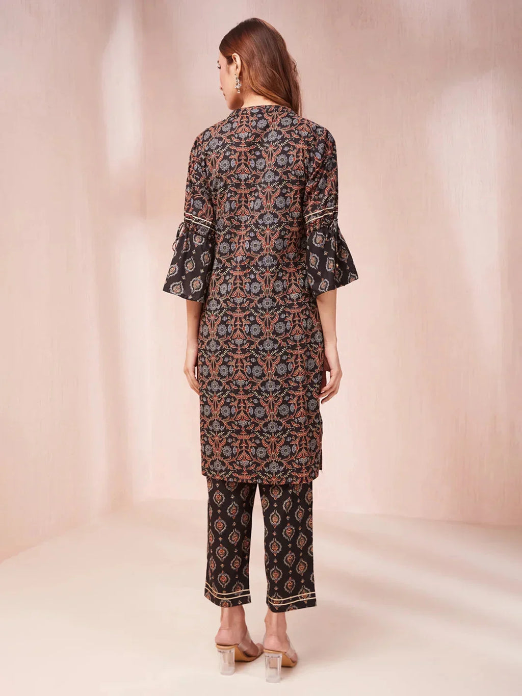 Yufta Black Ethnic Motifs Mandarin Collar Straight Kurta Trouser Set | Grocsy