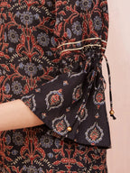 Yufta Black Ethnic Motifs Mandarin Collar Straight Kurta Trouser Set | Grocsy