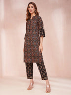 Yufta Black Ethnic Motifs Mandarin Collar Straight Kurta Trouser Set | Grocsy