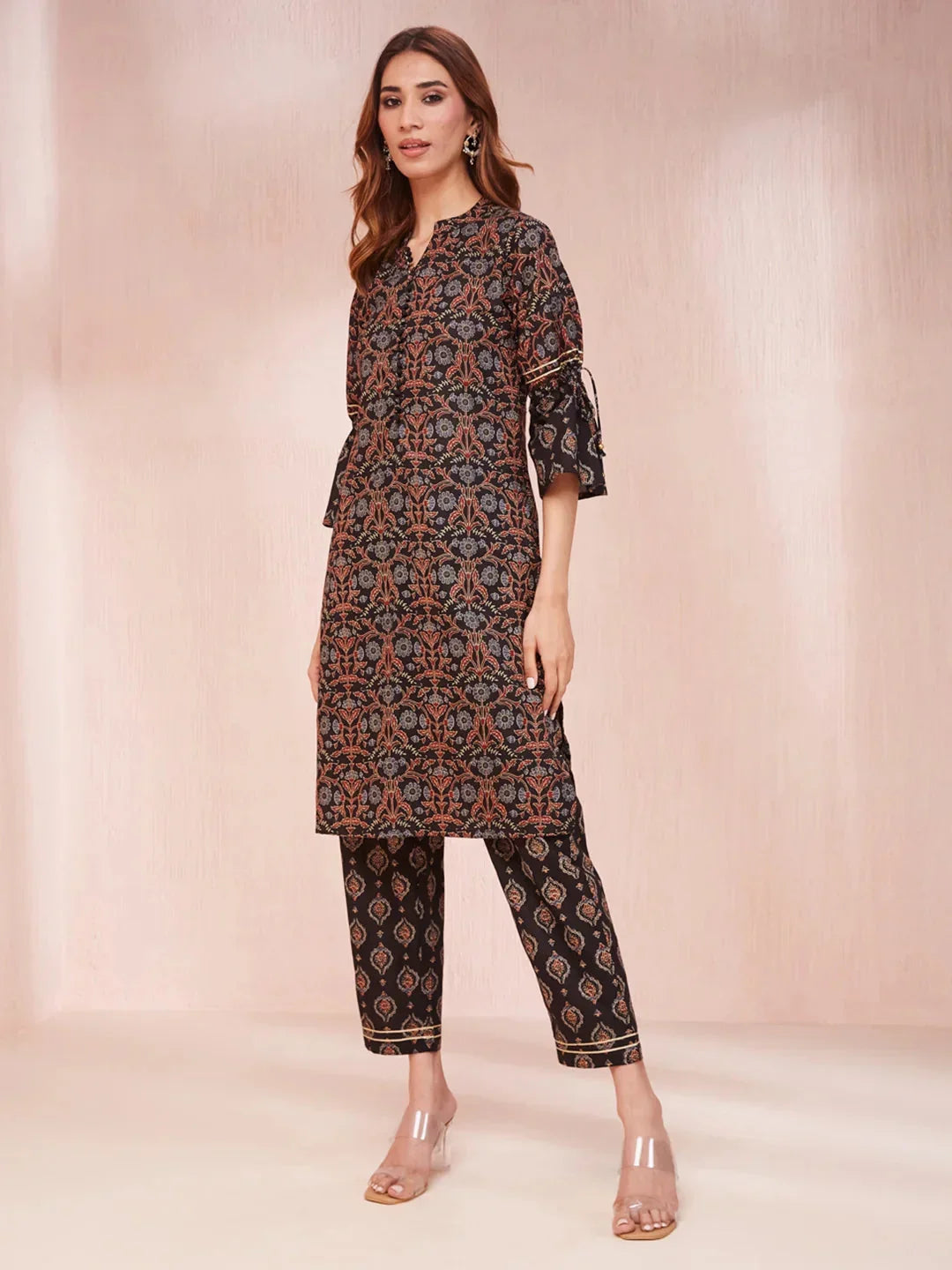 Yufta Black Ethnic Motifs Mandarin Collar Straight Kurta Trouser Set | Grocsy