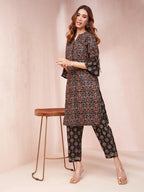 Yufta Black Ethnic Motifs Mandarin Collar Straight Kurta Trouser Set | Grocsy