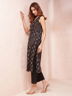 Yufta Black Ethnic Motifs Round Neck Straight Kurta | Grocsy