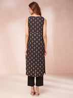Yufta Black Ethnic Motifs Round Neck Straight Kurta | Grocsy