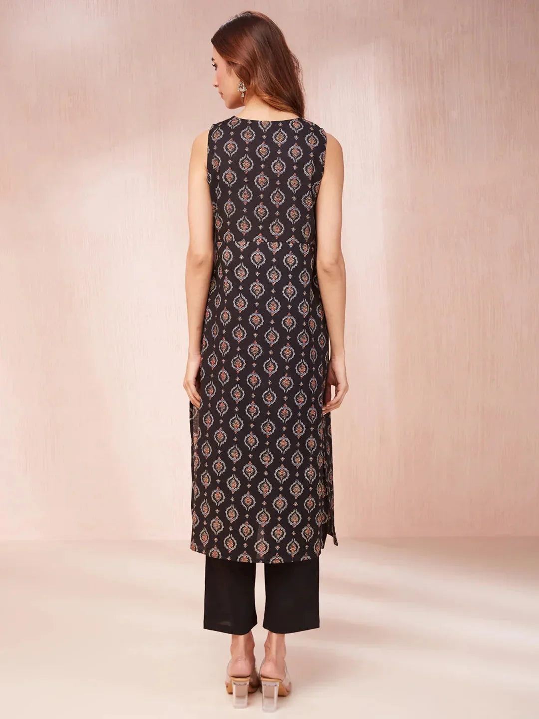 Yufta Black Ethnic Motifs Round Neck Straight Kurta | Grocsy