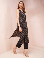 Yufta Black Ethnic Motifs Round Neck Straight Kurta | Grocsy