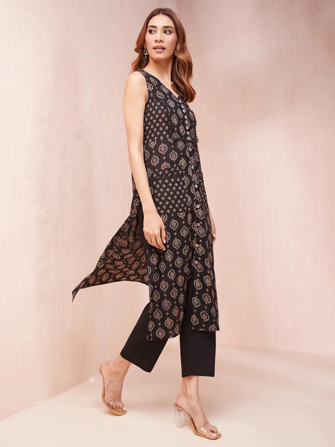 Yufta Black Ethnic Motifs Round Neck Straight Kurta | Grocsy