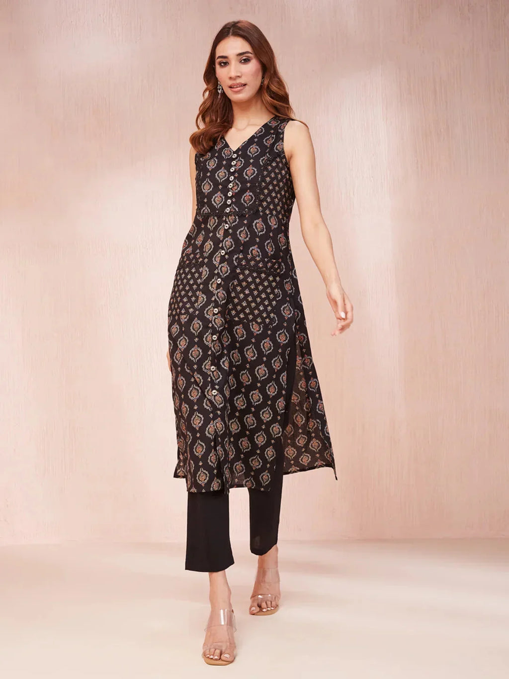 Yufta Black Ethnic Motifs Round Neck Straight Kurta | Grocsy