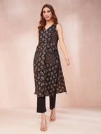 Yufta Black Ethnic Motifs Round Neck Straight Kurta | Grocsy