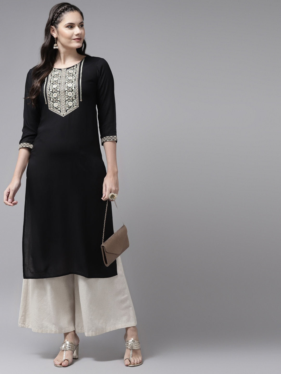Yufta Black Ethnic Motifs Yoke Design Kurta | Grocsy