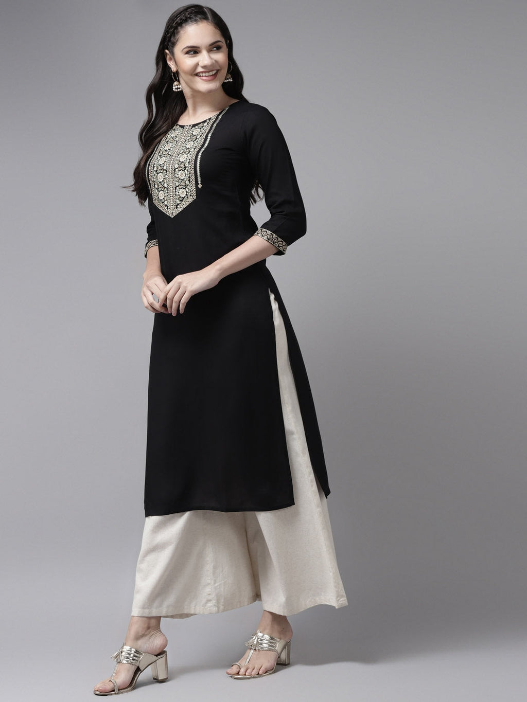 Yufta Black Ethnic Motifs Yoke Design Kurta | Grocsy