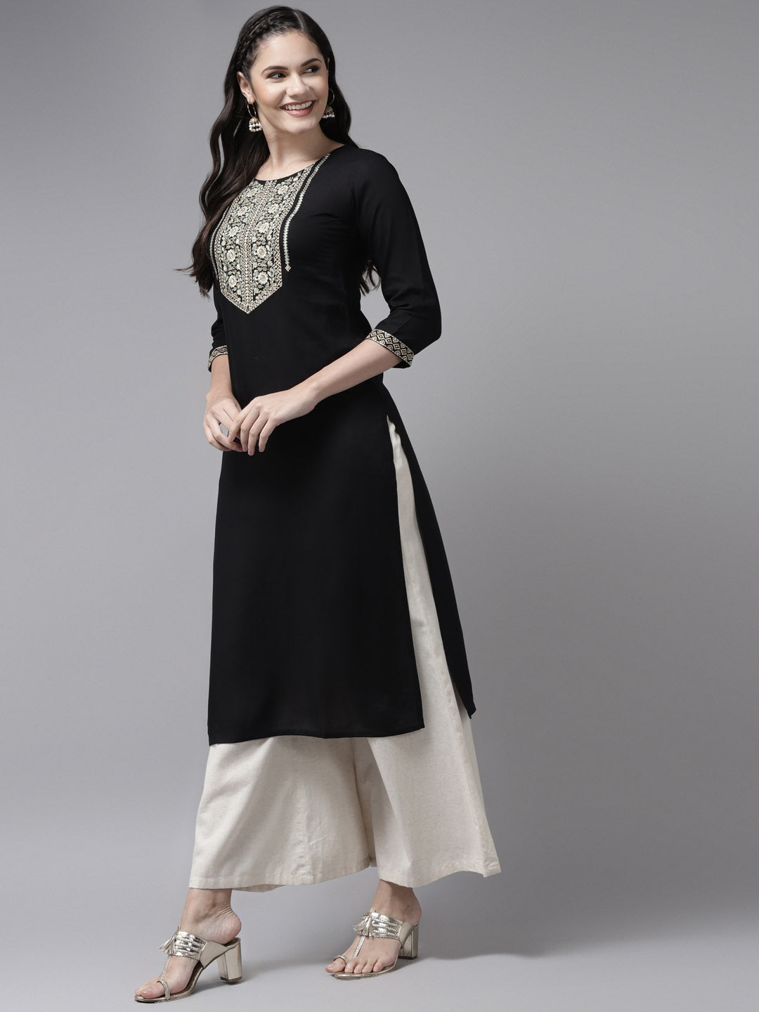 Yufta Black Ethnic Motifs Yoke Design Kurta | Grocsy