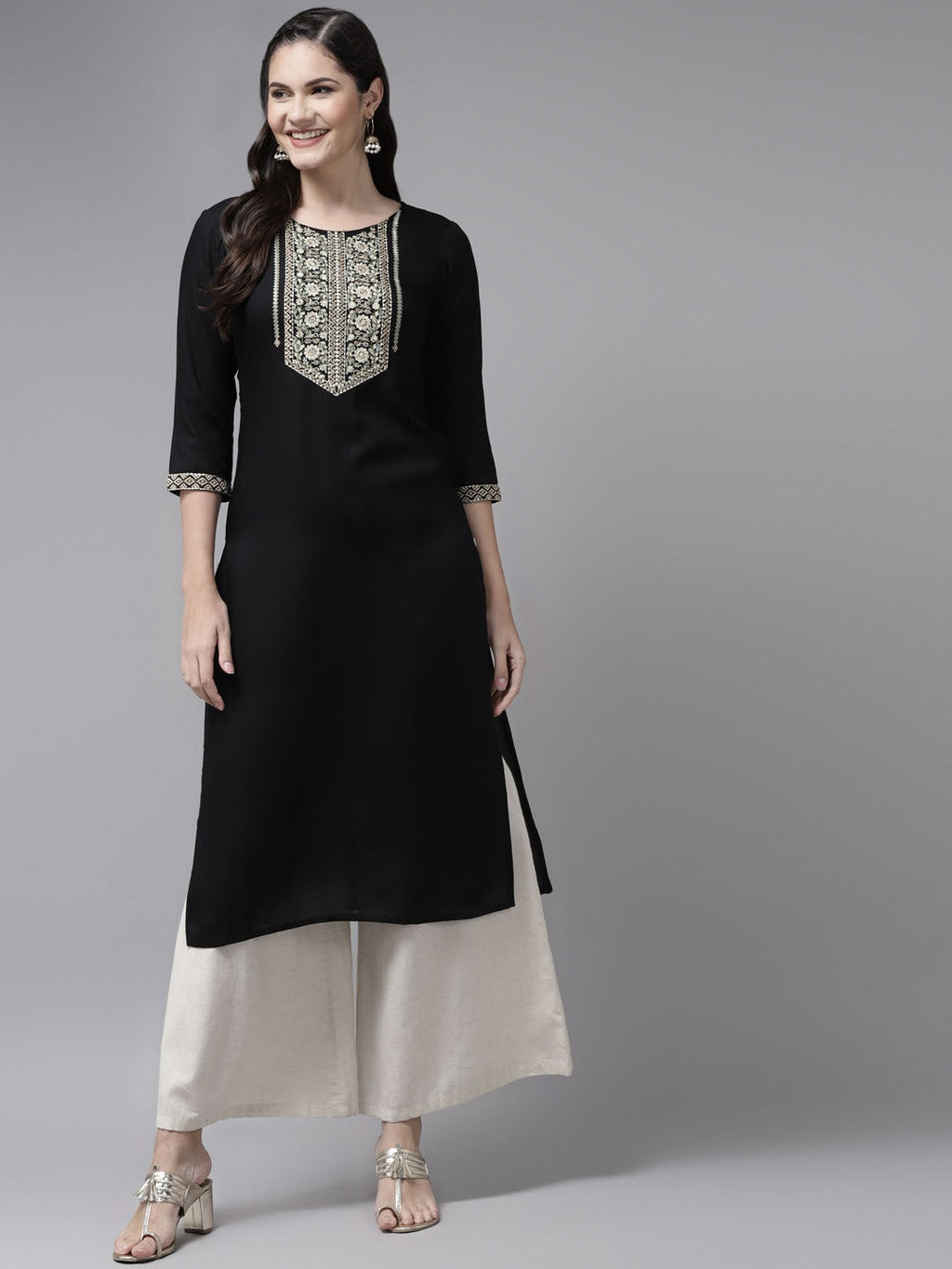 Yufta Black Ethnic Motifs Yoke Design Kurta | Grocsy