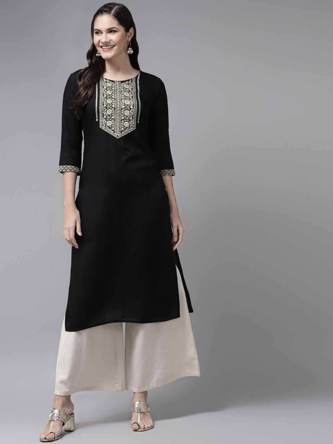 Yufta Black Ethnic Motifs Yoke Design Kurta | Grocsy