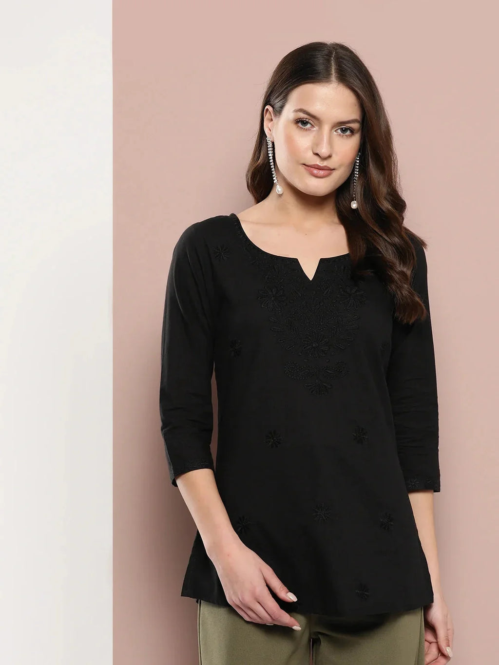 Yufta Black Floral Chikankari Embroidered Pure Cotton Top | Grocsy