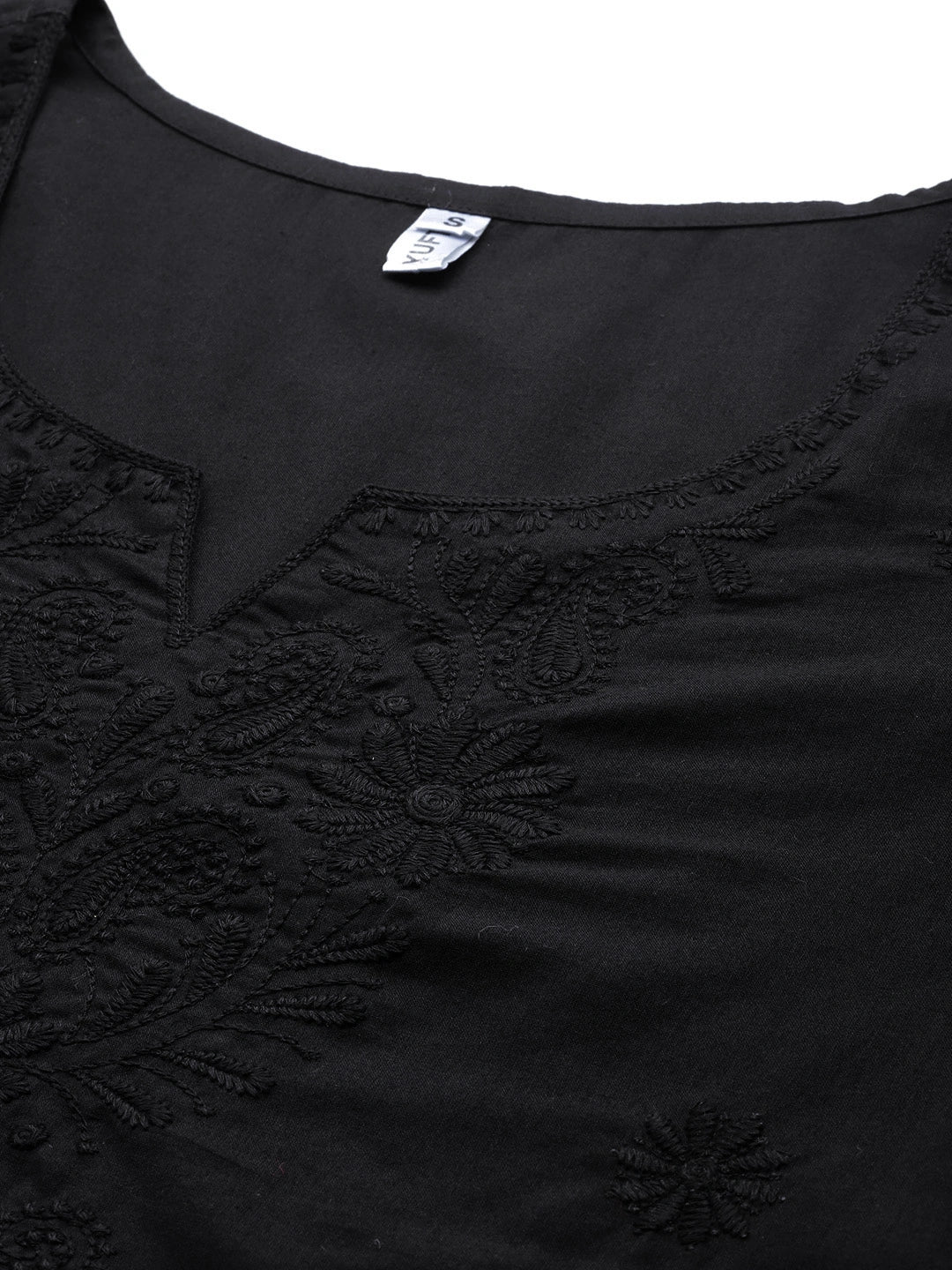 Yufta Black Floral Chikankari Embroidered Pure Cotton Top | Grocsy