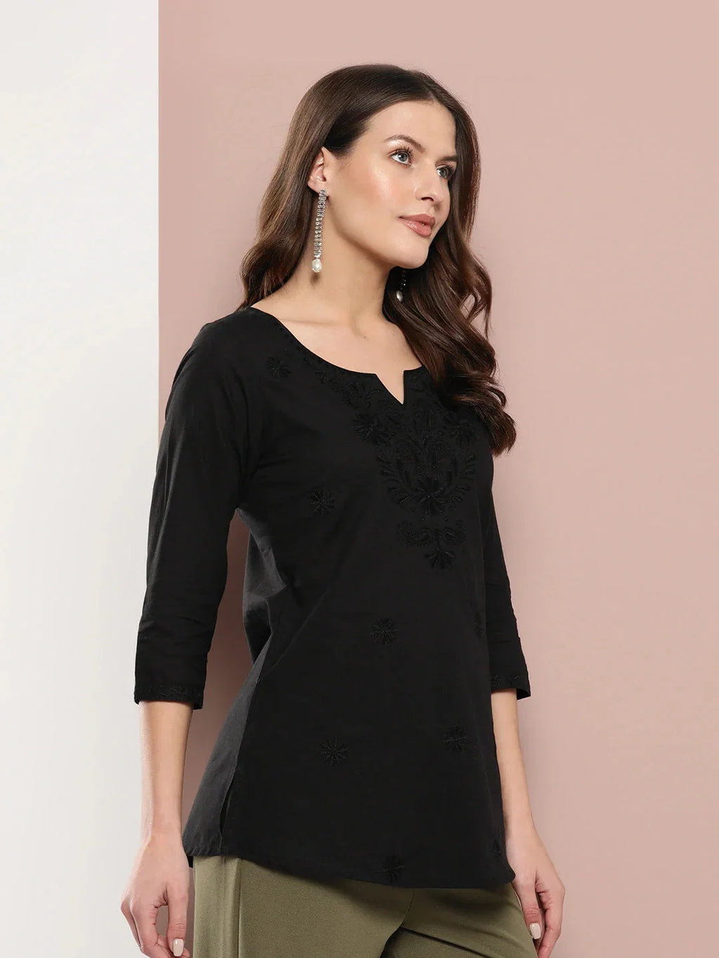 Yufta Black Floral Chikankari Embroidered Pure Cotton Top | Grocsy