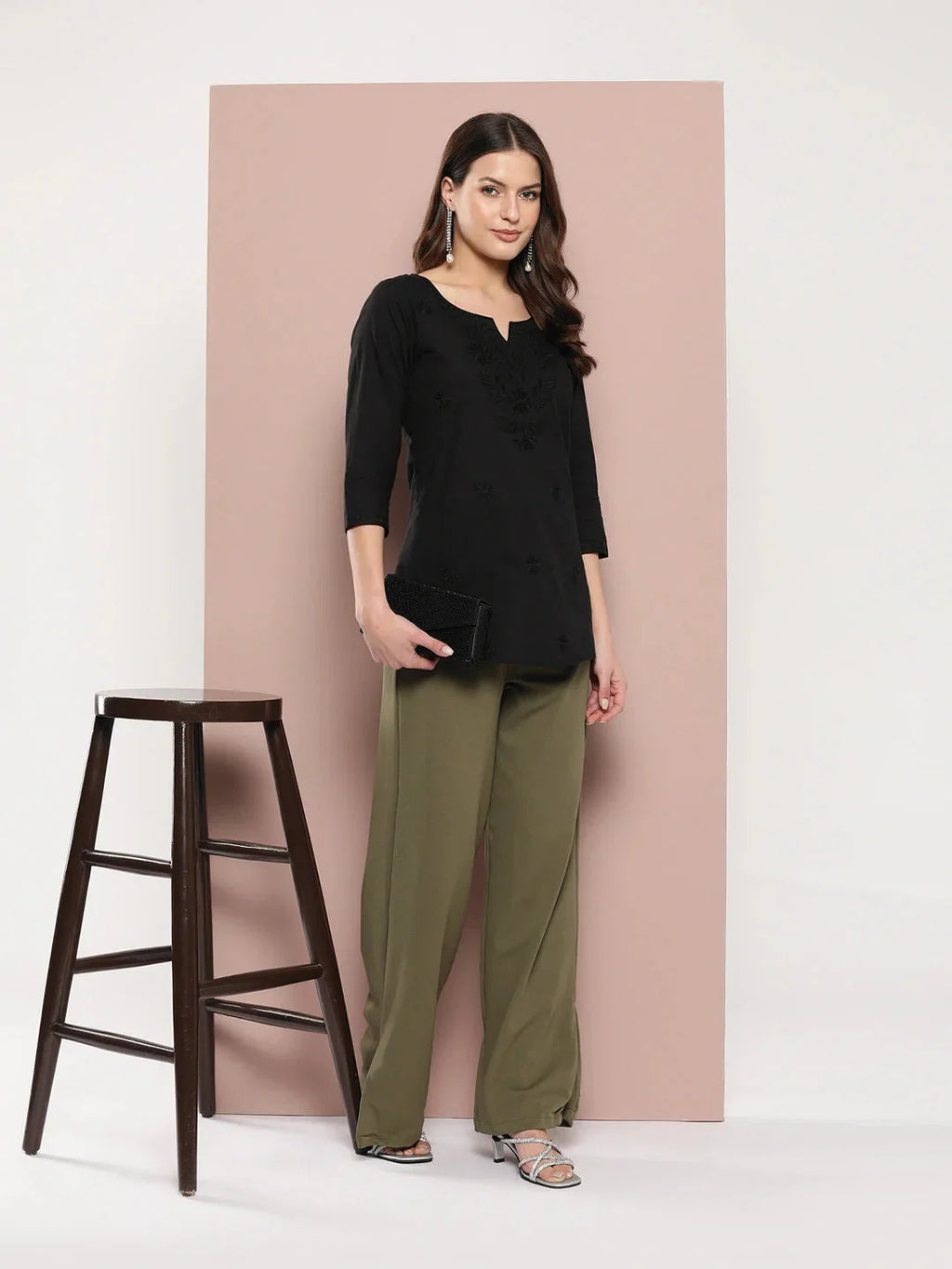 Yufta Black Floral Chikankari Embroidered Pure Cotton Top | Grocsy