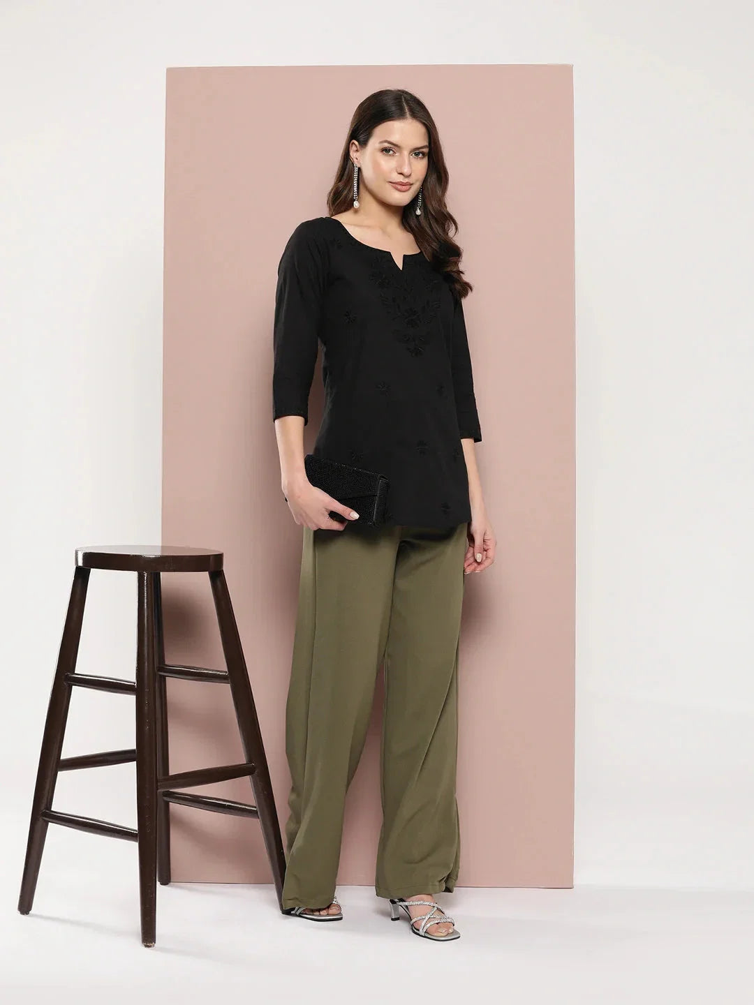 Yufta Black Floral Chikankari Embroidered Pure Cotton Top | Grocsy