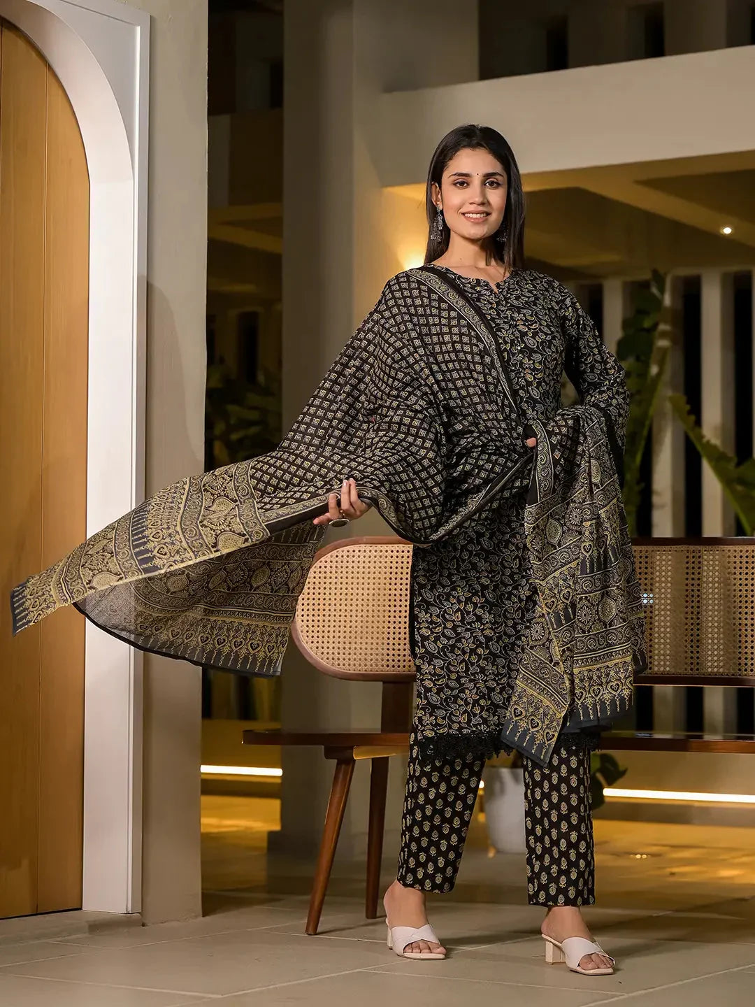 Yufta Black Floral Print Piping On Yoke Pakistani Style Kurta With Trousers And Dupatta Set | Grocsy
