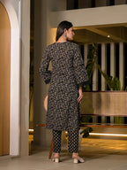 Yufta Black Floral Print Piping On Yoke Pakistani Style Kurta With Trousers And Dupatta Set | Grocsy