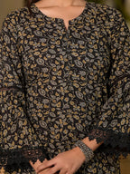 Yufta Black Floral Print Piping On Yoke Pakistani Style Kurta With Trousers And Dupatta Set | Grocsy