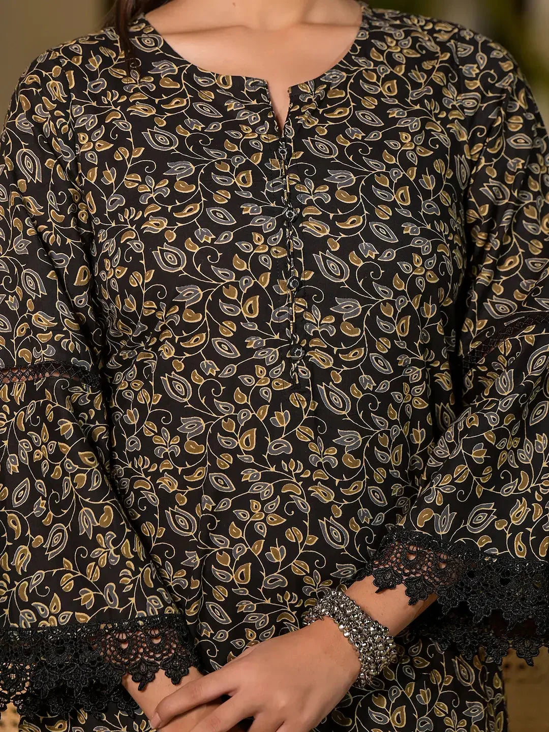 Yufta Black Floral Print Piping On Yoke Pakistani Style Kurta With Trousers And Dupatta Set | Grocsy